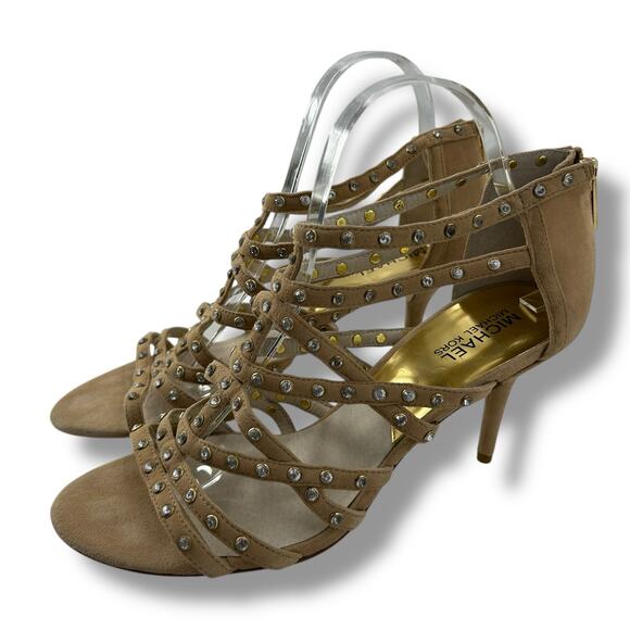 Michael Kors Strappy Heels Size 10 Tan Nude Studded Formal Fancy Open Sandals - Picture 3 of 10